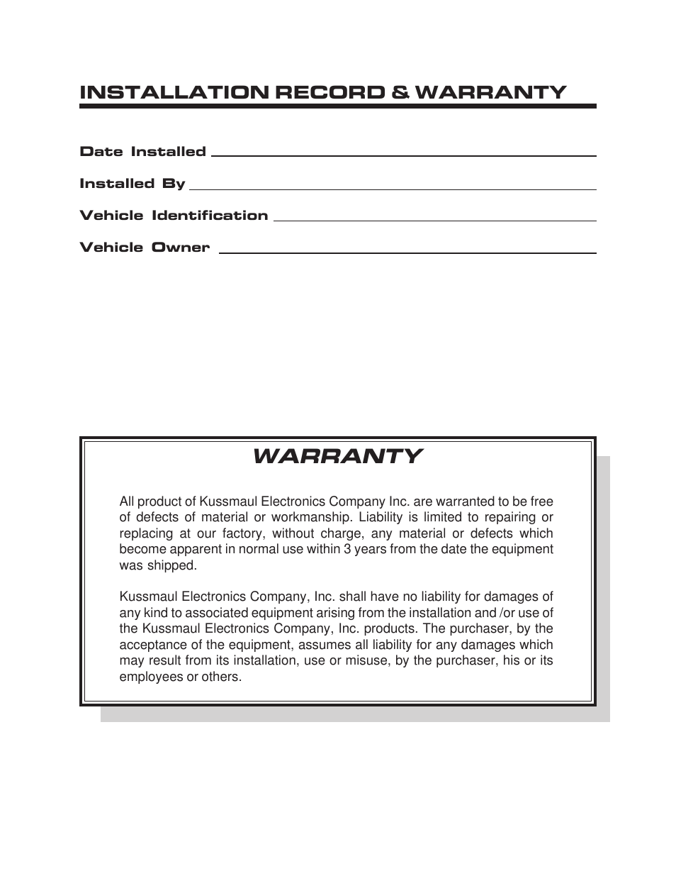 Warranty, Installation record & warranty | Kussmaul Electronics 091-165-12-DV User Manual | Page 6 / 6