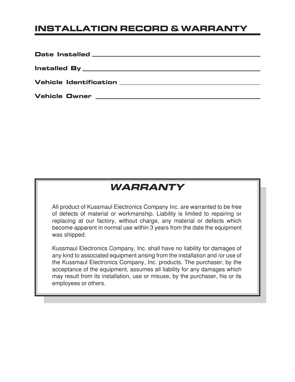 Warranty, Installation record & warranty | Kussmaul Electronics 091-168-12 User Manual | Page 8 / 8