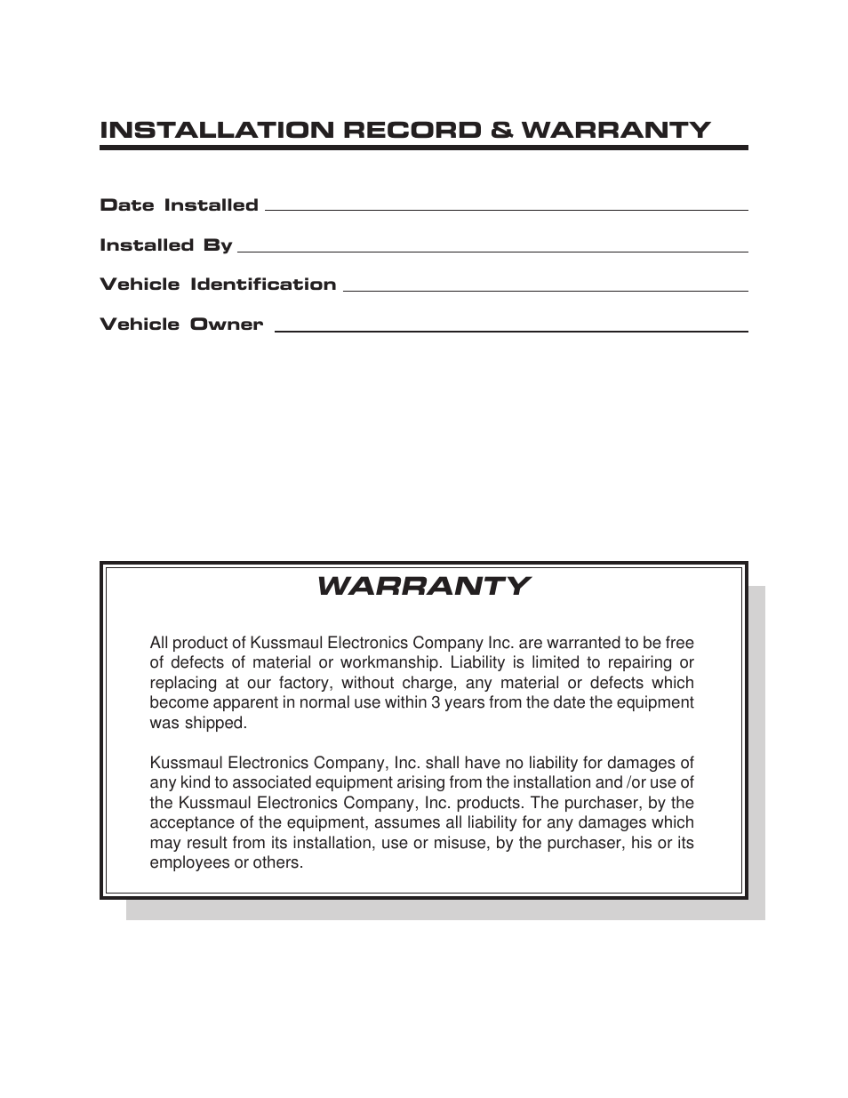 Warranty, Installation record & warranty | Kussmaul Electronics 091-195-12-USB User Manual | Page 7 / 7