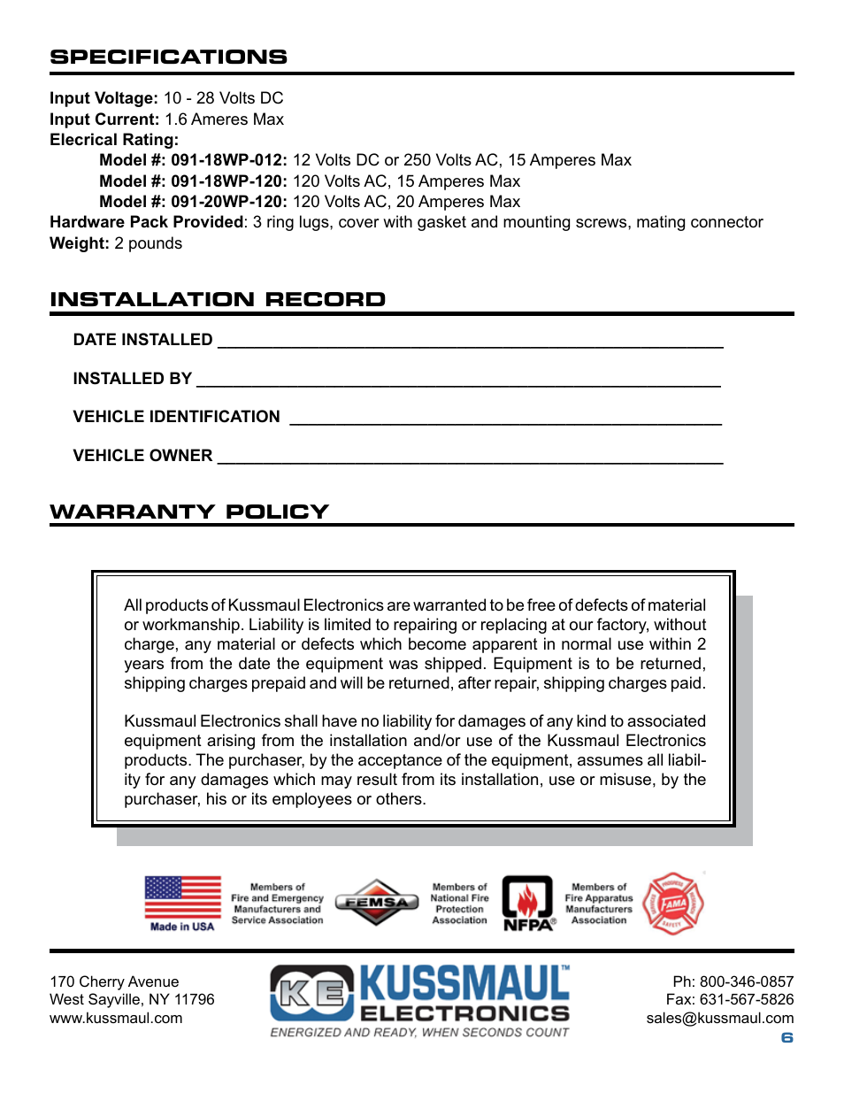 Kussmaul Electronics 091-18WP-120 User Manual | Page 6 / 6