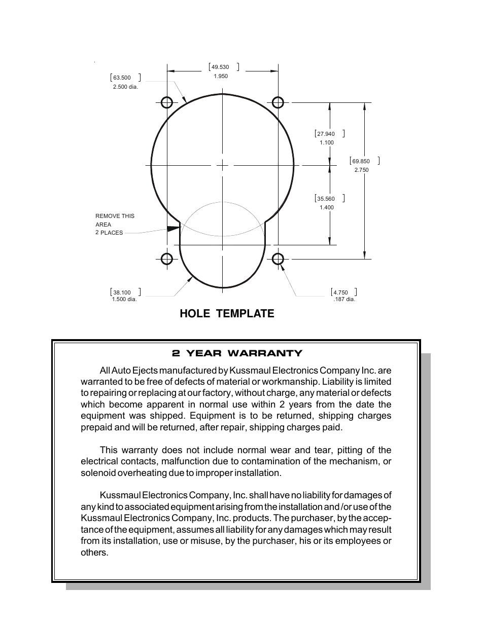 Hole template, 2 year warranty | Kussmaul Electronics 091-182-230-12 User Manual | Page 5 / 5