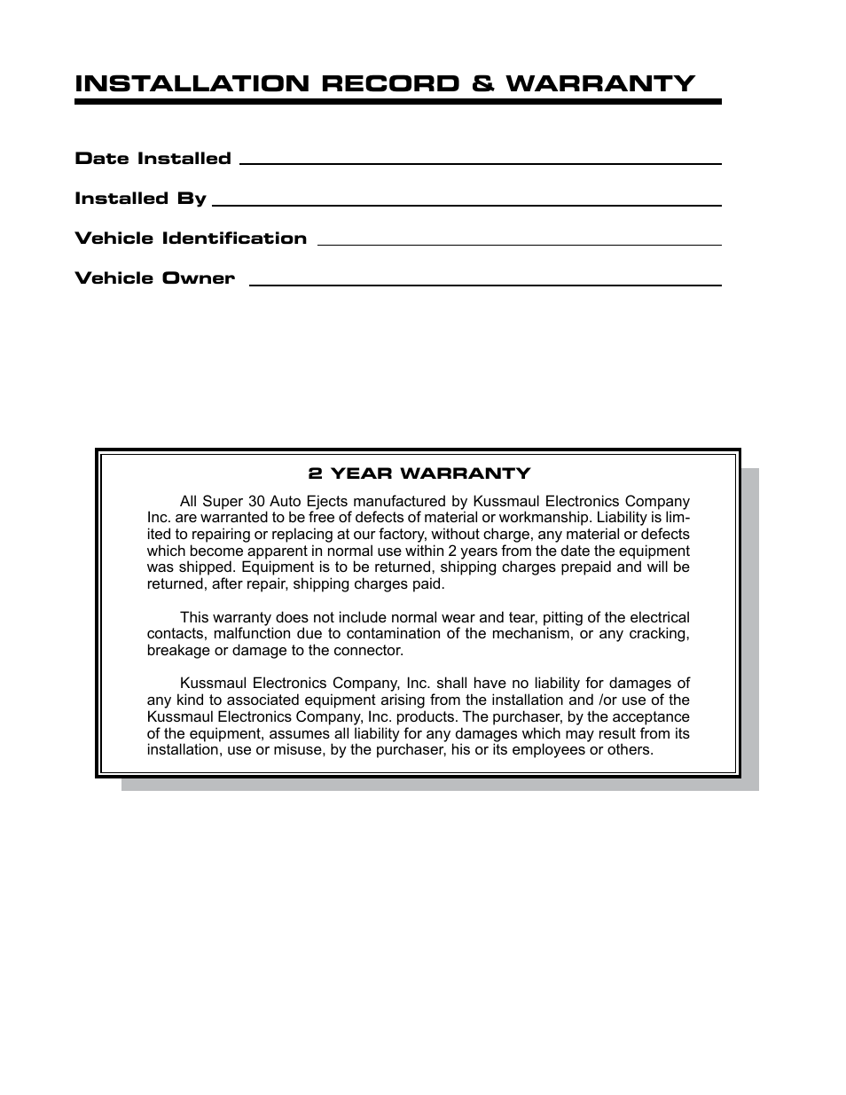 Installation record & warranty | Kussmaul Electronics 091-159-30-120 User Manual | Page 11 / 11