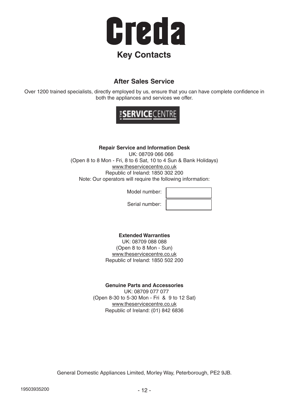 Key contacts, After sales service | Creda S911E User Manual | Page 12 / 12