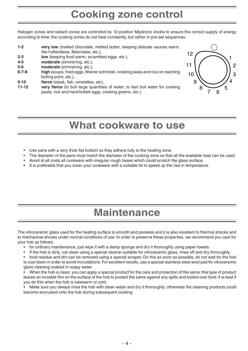 Hob description, Cooking zone control, What cookware to use | What cookware to use maintenance | Creda S911E User Manual | Page 4 / 12