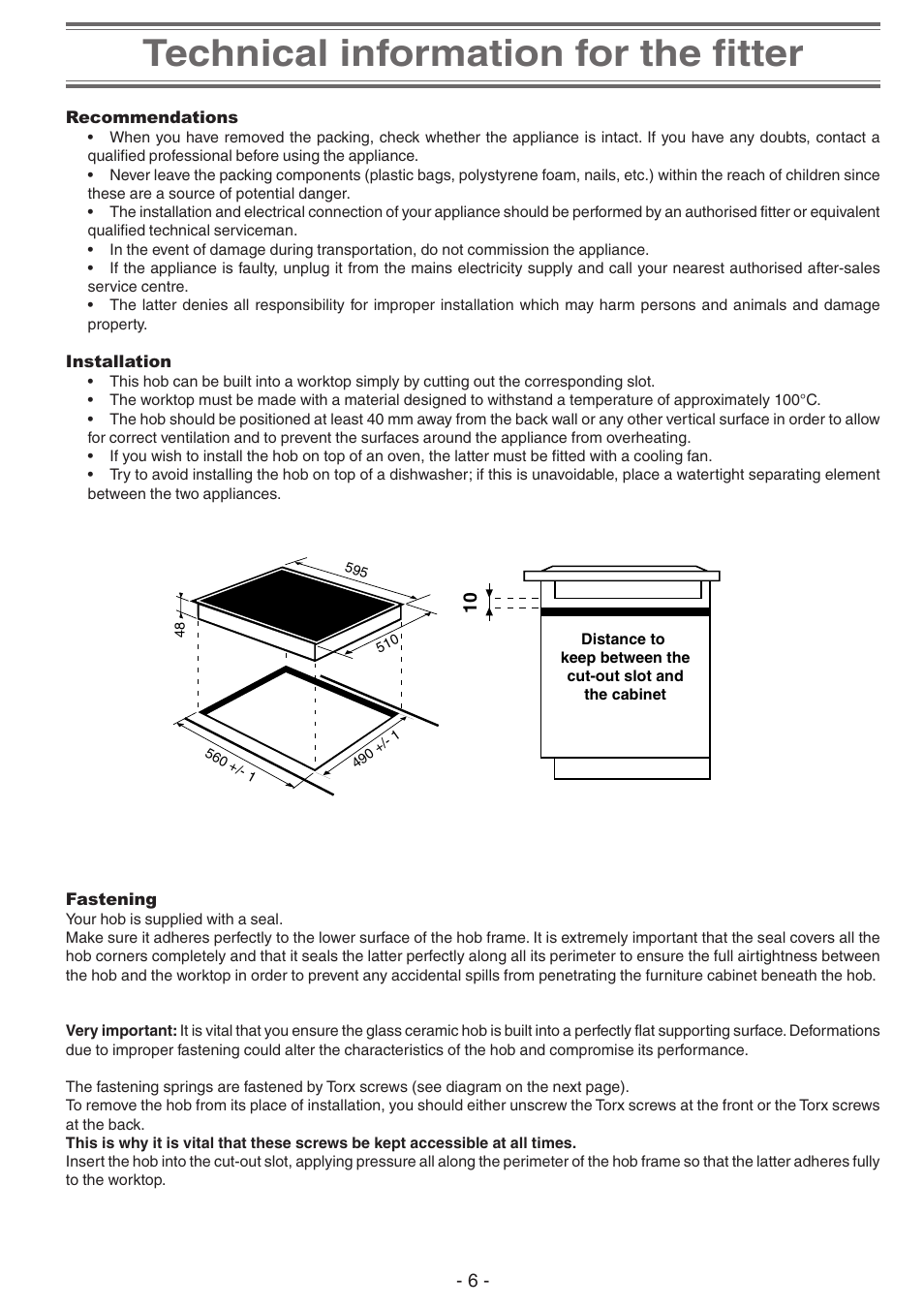 Technical information for the fitter -9, Recommendations installation fastening, Technical information for the fitter | Creda S911E User Manual | Page 6 / 12