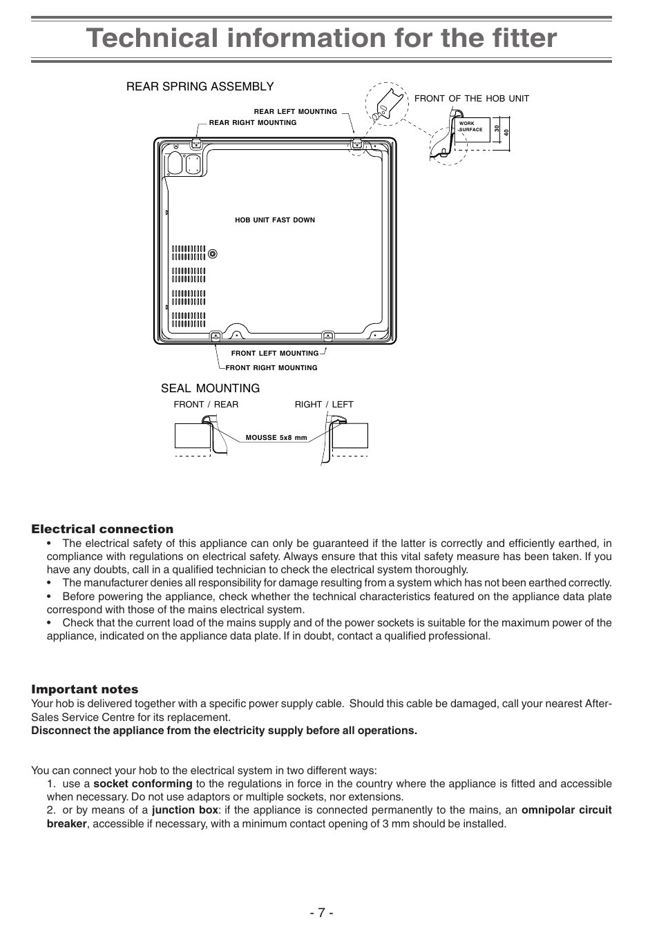 Installation, Fastening, Electrical connection -9 | Technical information for the fitter | Creda S911E User Manual | Page 7 / 12