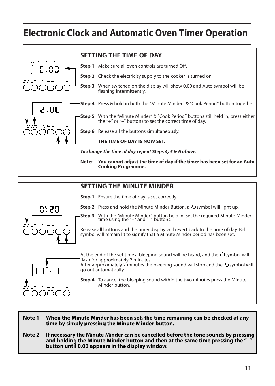 Setting the time of day, Setting the minute minder | Creda E530E/R530E User Manual | Page 11 / 40