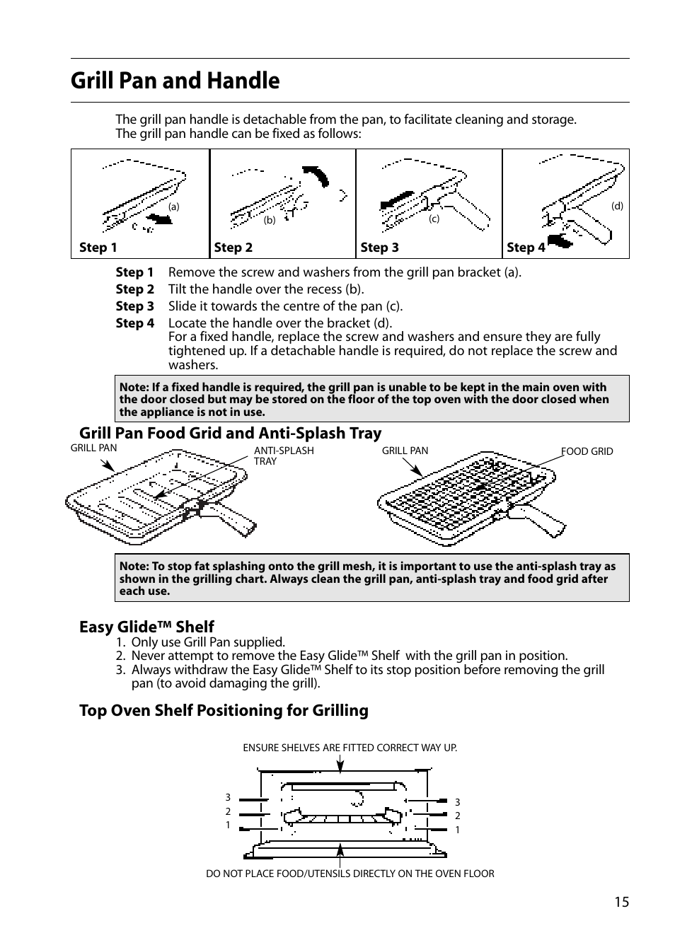 Grill pan and handle, Top oven shelf positioning for grilling | Creda E530E/R530E User Manual | Page 15 / 40