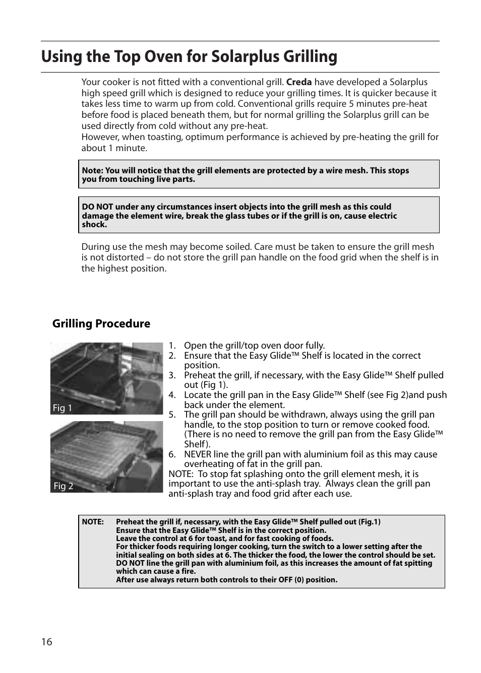 Using the top oven for solarplus grilling, Grilling procedure | Creda E530E/R530E User Manual | Page 16 / 40