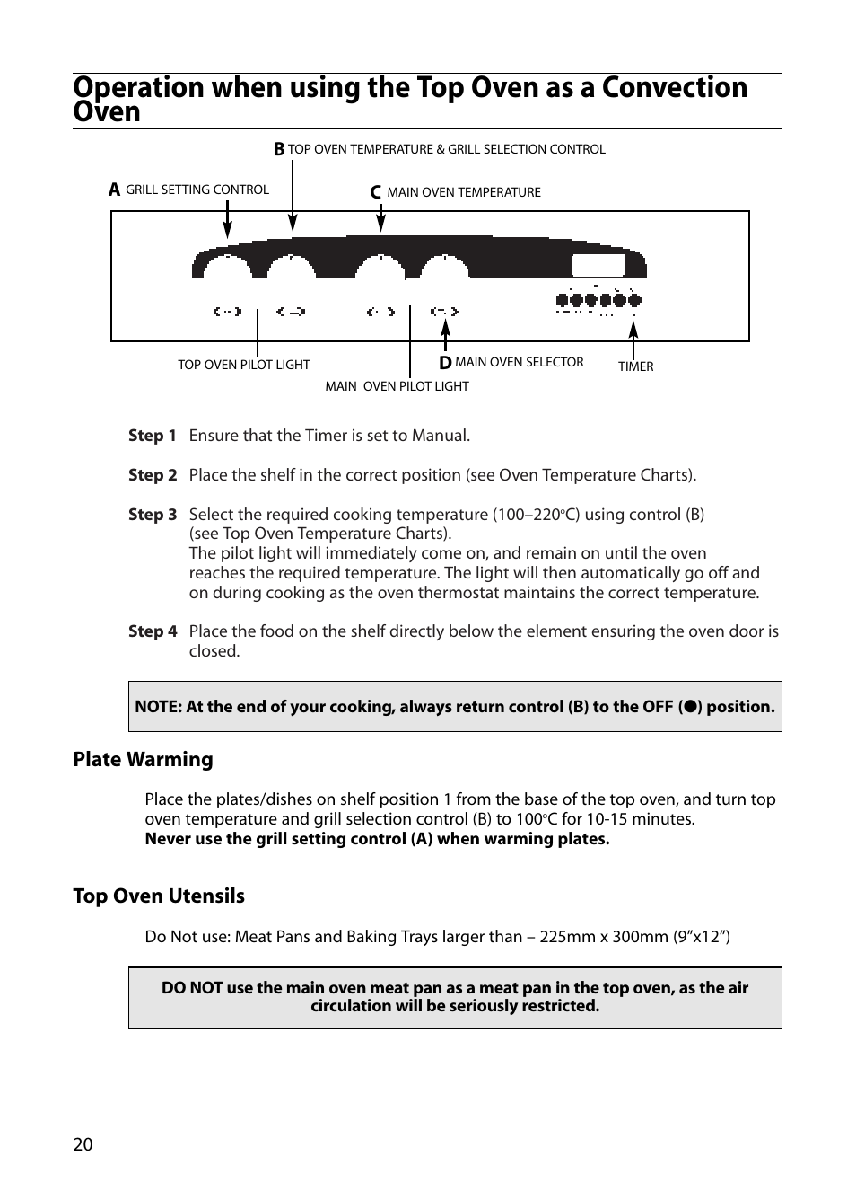 Plate warming, Top oven utensils | Creda E530E/R530E User Manual | Page 20 / 40