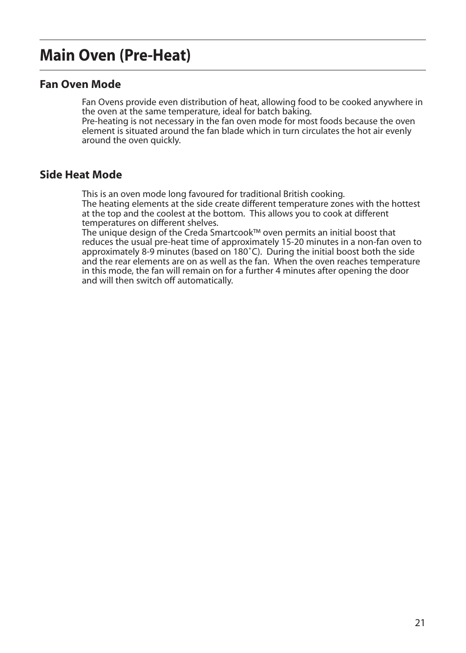 Main oven (pre-heat) | Creda E530E/R530E User Manual | Page 21 / 40
