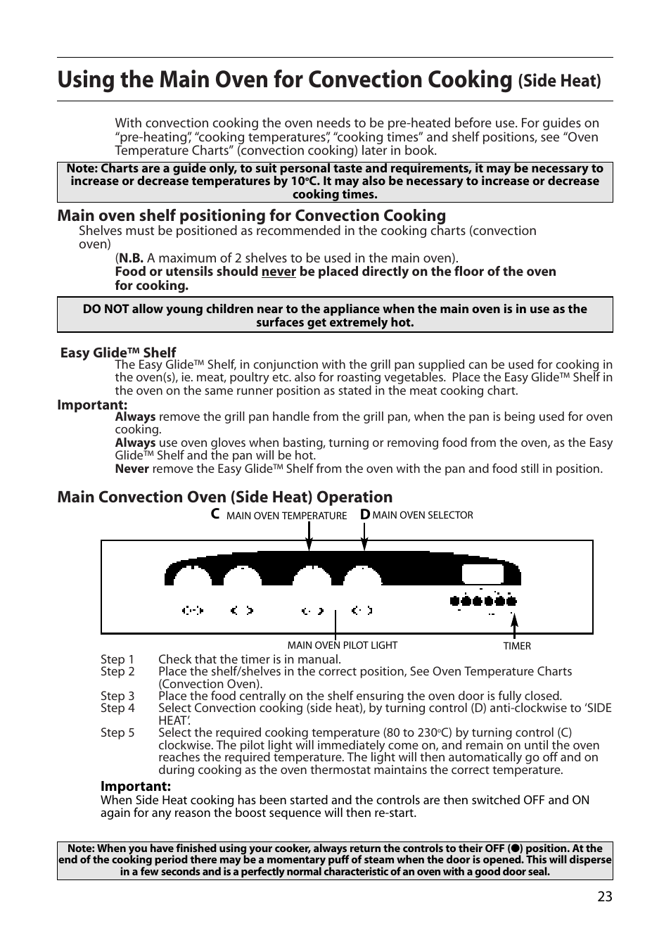 Using the main oven for convection cooking, Side heat), Main oven shelf positioning for convection cooking | Main convection oven (side heat) operation | Creda E530E/R530E User Manual | Page 23 / 40