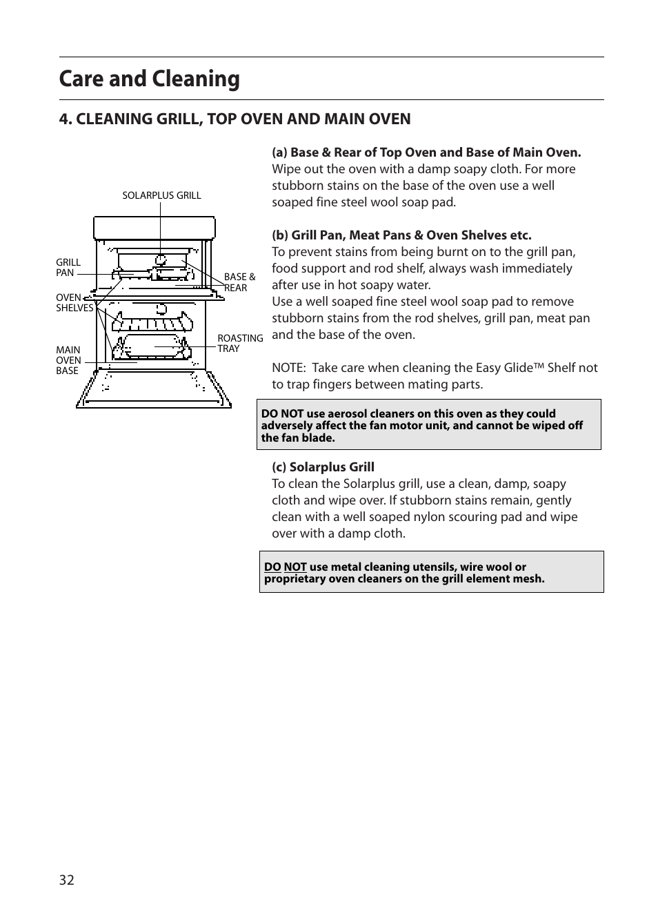 Care and cleaning, Cleaning grill, top oven and main oven | Creda E530E/R530E User Manual | Page 32 / 40