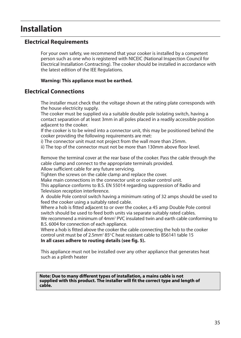 Installation, Electrical requirements, Electrical connections | Creda E530E/R530E User Manual | Page 35 / 40