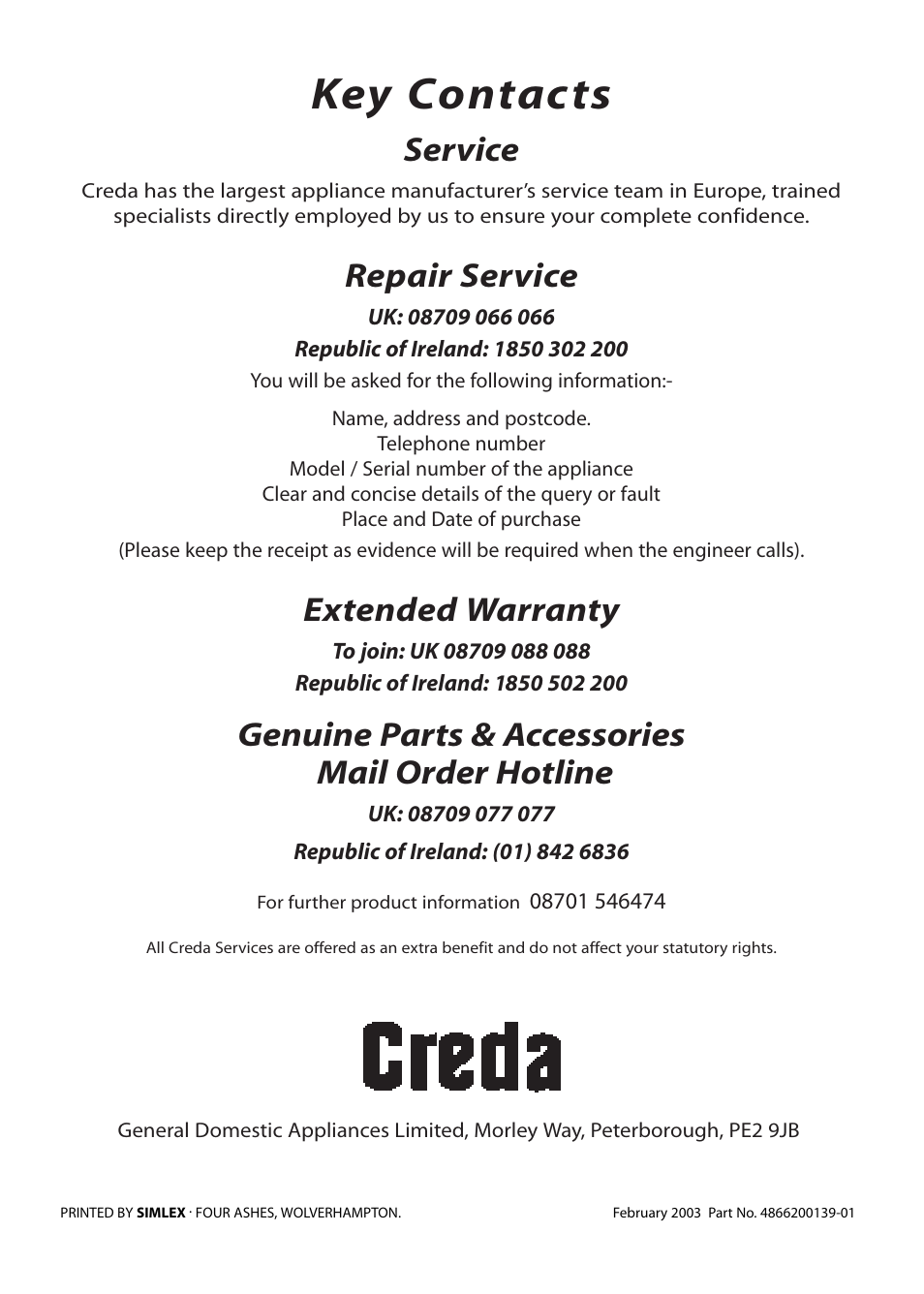 Key contacts, Service, Repair service | Extended warranty, Genuine parts & accessories mail order hotline | Creda E530E/R530E User Manual | Page 40 / 40
