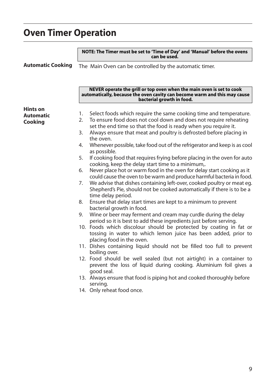 Oven timer operation | Creda E530E/R530E User Manual | Page 9 / 40