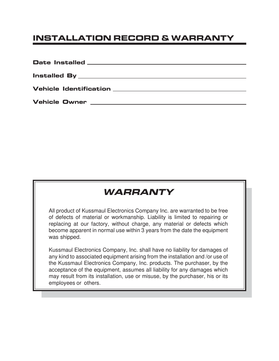 Warranty, Installation record & warranty | Kussmaul Electronics 091-191-115 User Manual | Page 5 / 5