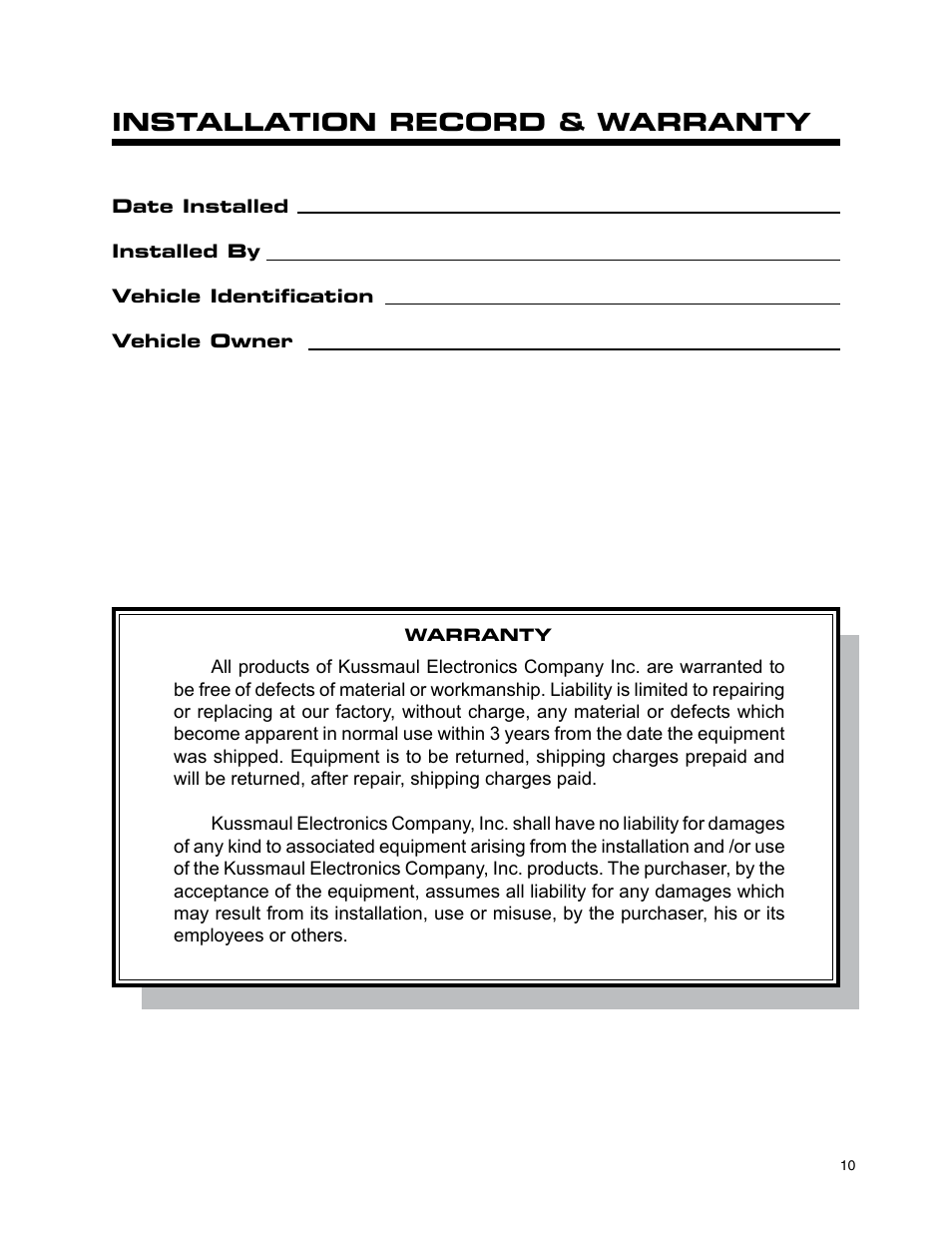 Installation record & warranty | Kussmaul Electronics 091-11-12 User Manual | Page 10 / 10