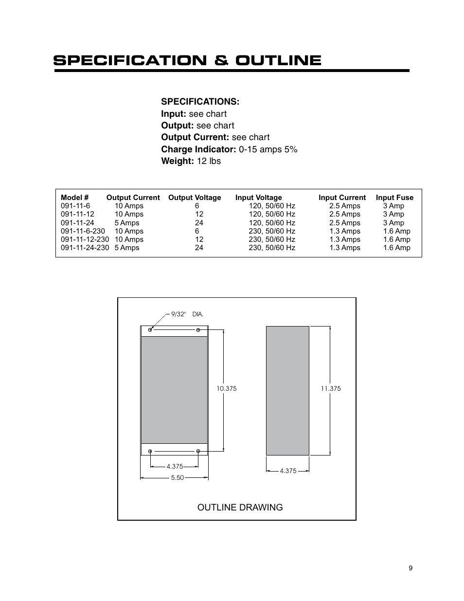 Specification & outline | Kussmaul Electronics 091-11-12 User Manual | Page 9 / 10