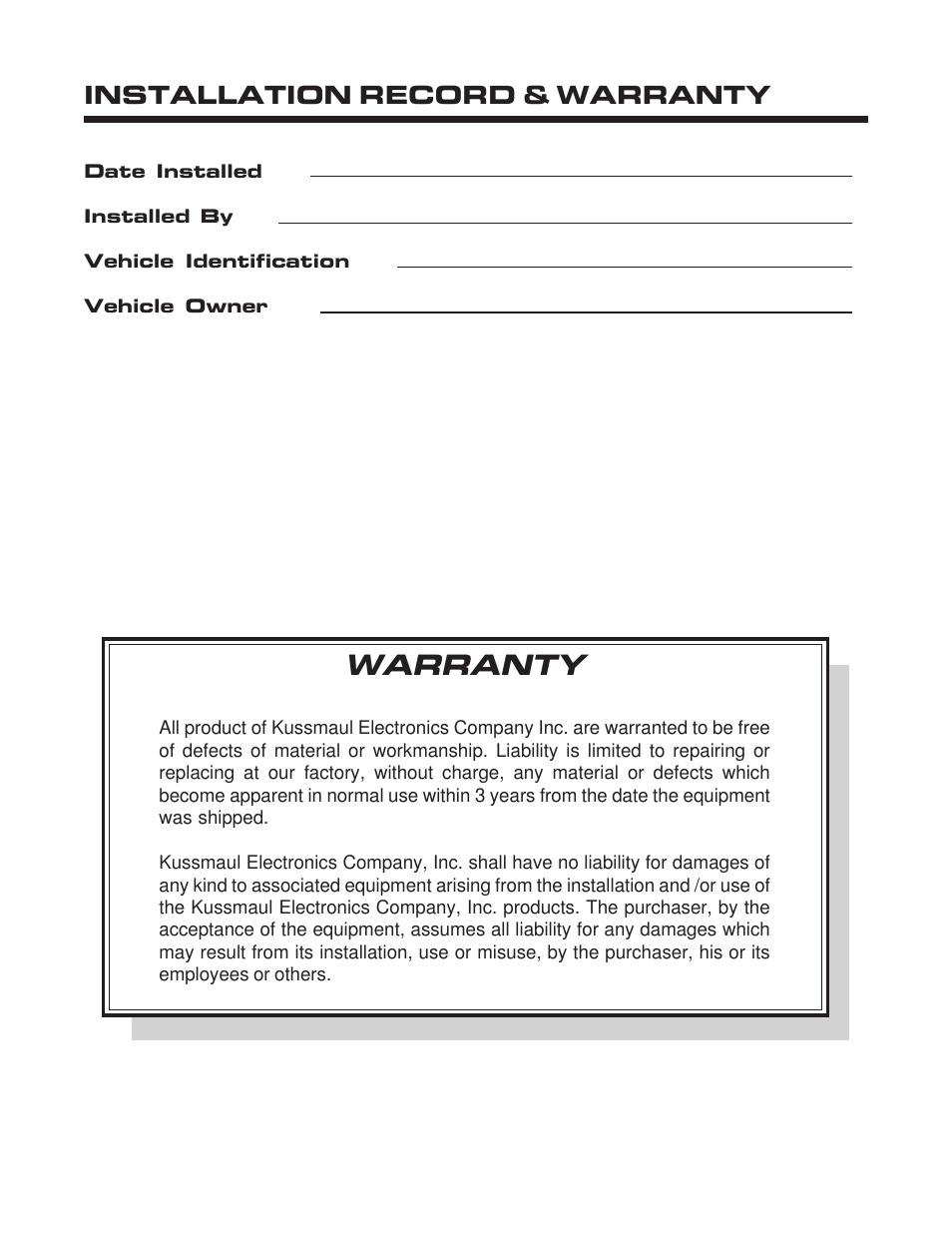 Warranty, Installation record & warranty | Kussmaul Electronics 091-26-12 User Manual | Page 5 / 5