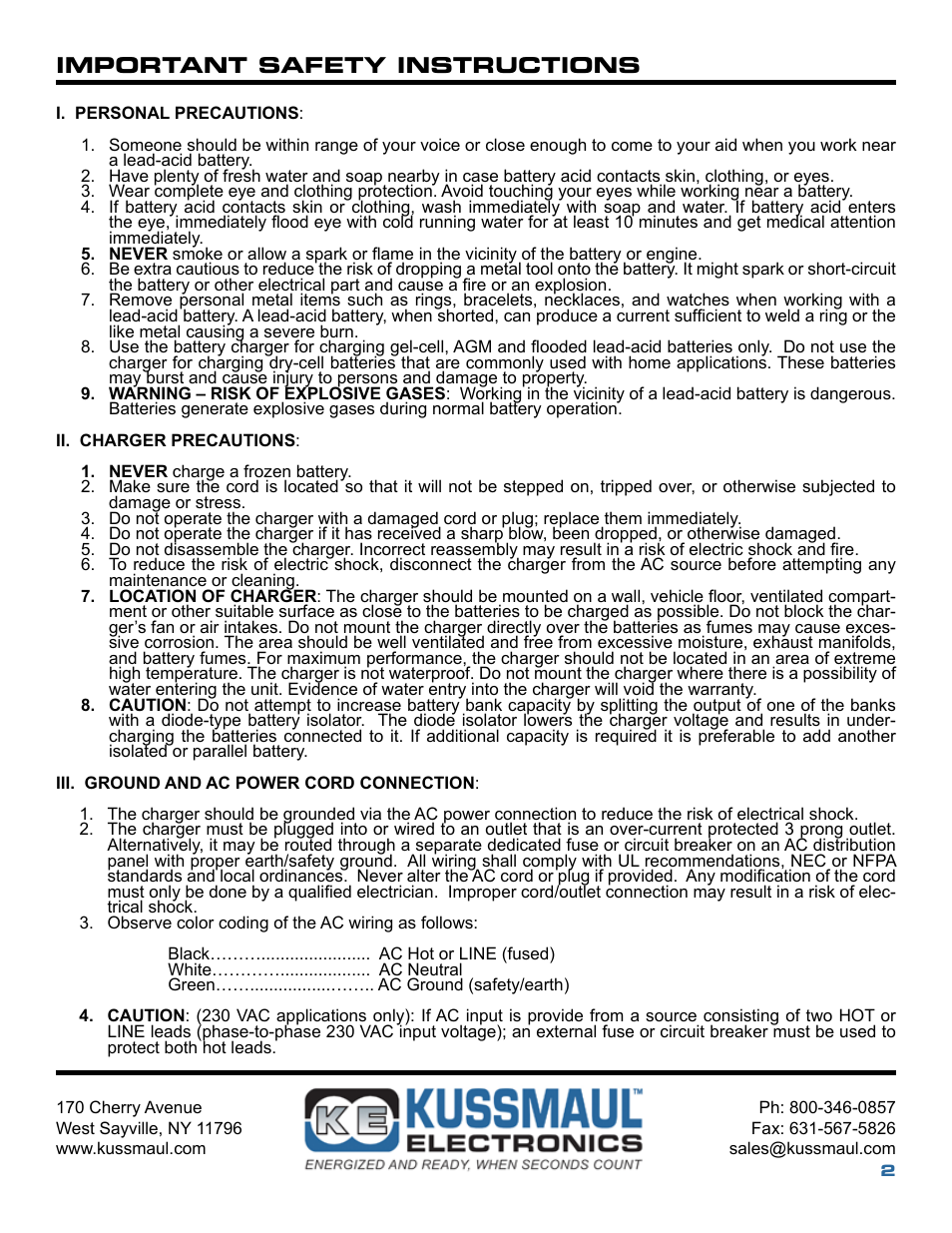 Important safety instructions | Kussmaul Electronics 091-39-12 User Manual | Page 2 / 8
