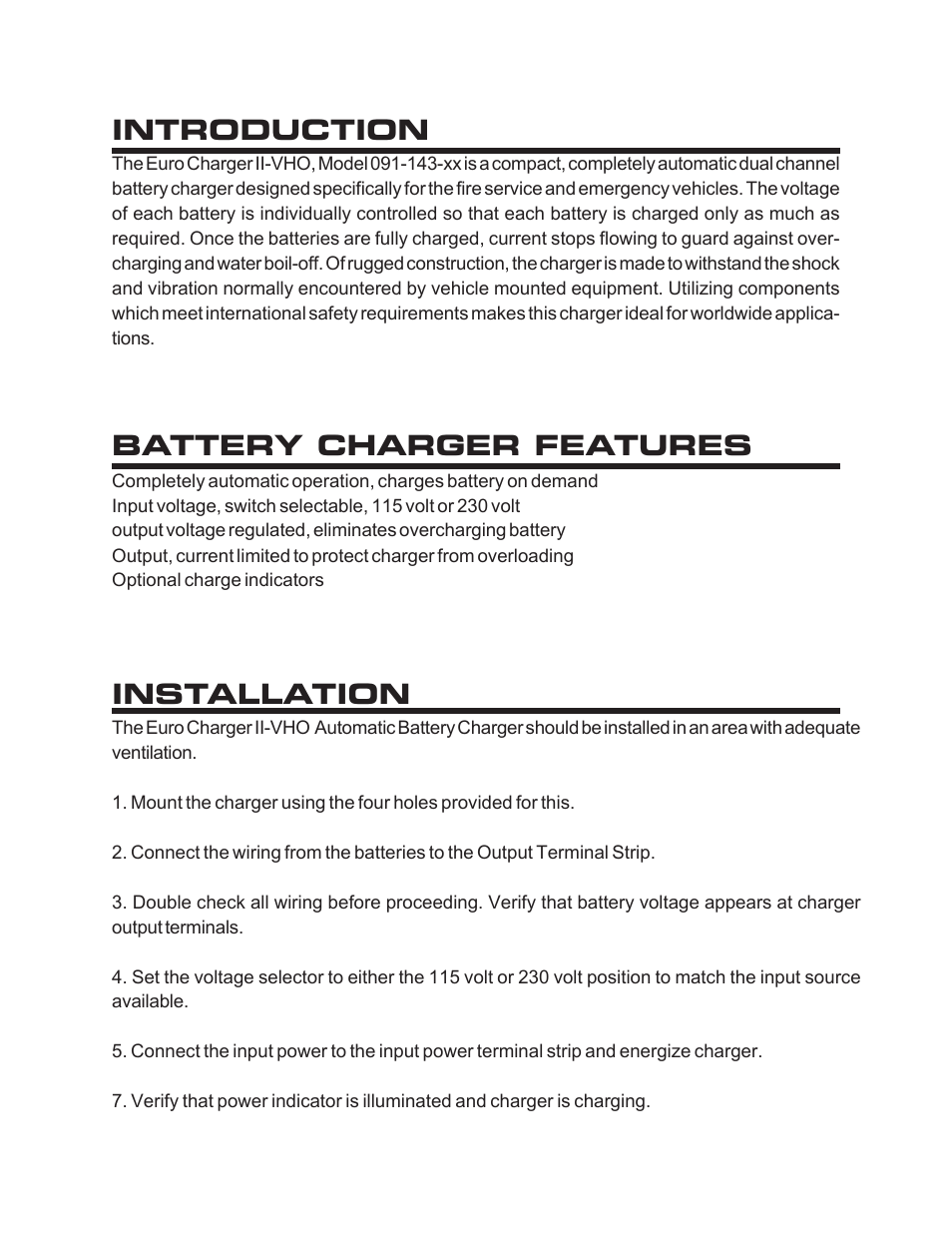 Introduction, Installation, Battery charger features | Kussmaul Electronics 091-143-12 User Manual | Page 2 / 5