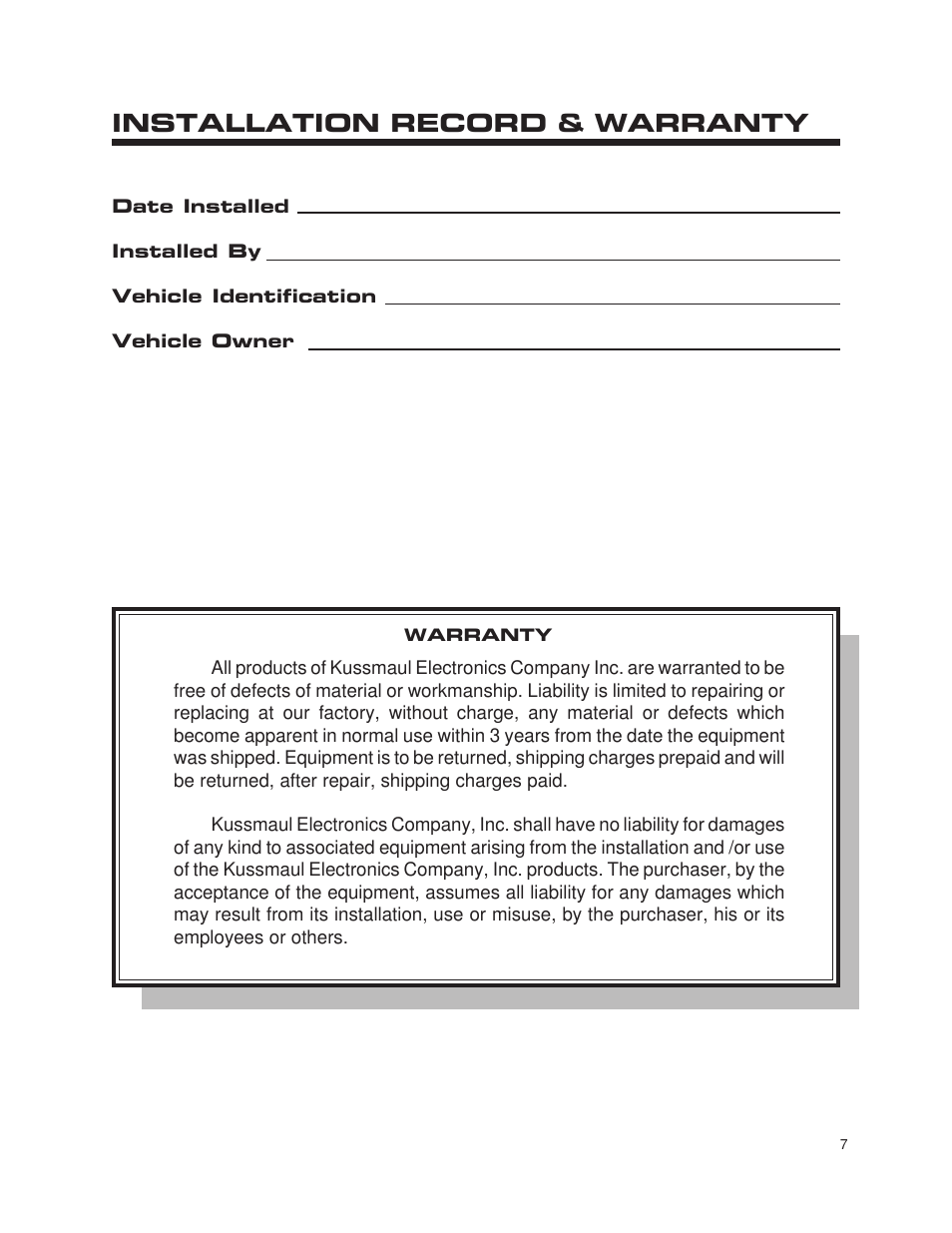 Installation record & warranty | Kussmaul Electronics 091-145HO-12 User Manual | Page 7 / 7