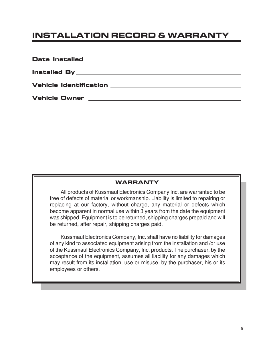 Installation record & warranty | Kussmaul Electronics 091-10-12 User Manual | Page 5 / 5
