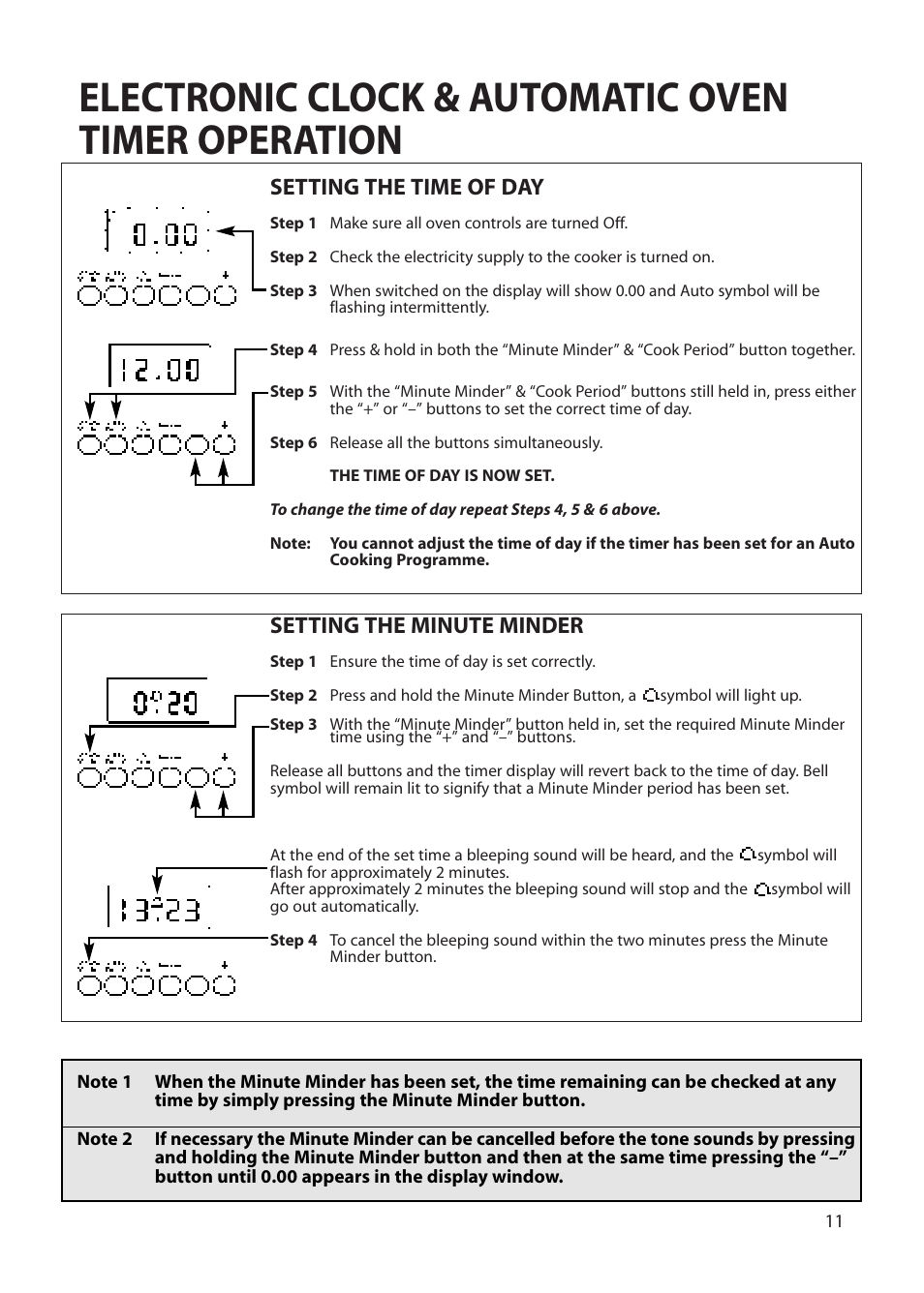 Electronic clock & automatic oven timer operation, Setting the time of day, Setting the minute minder | Creda Double Oven User Manual | Page 11 / 36