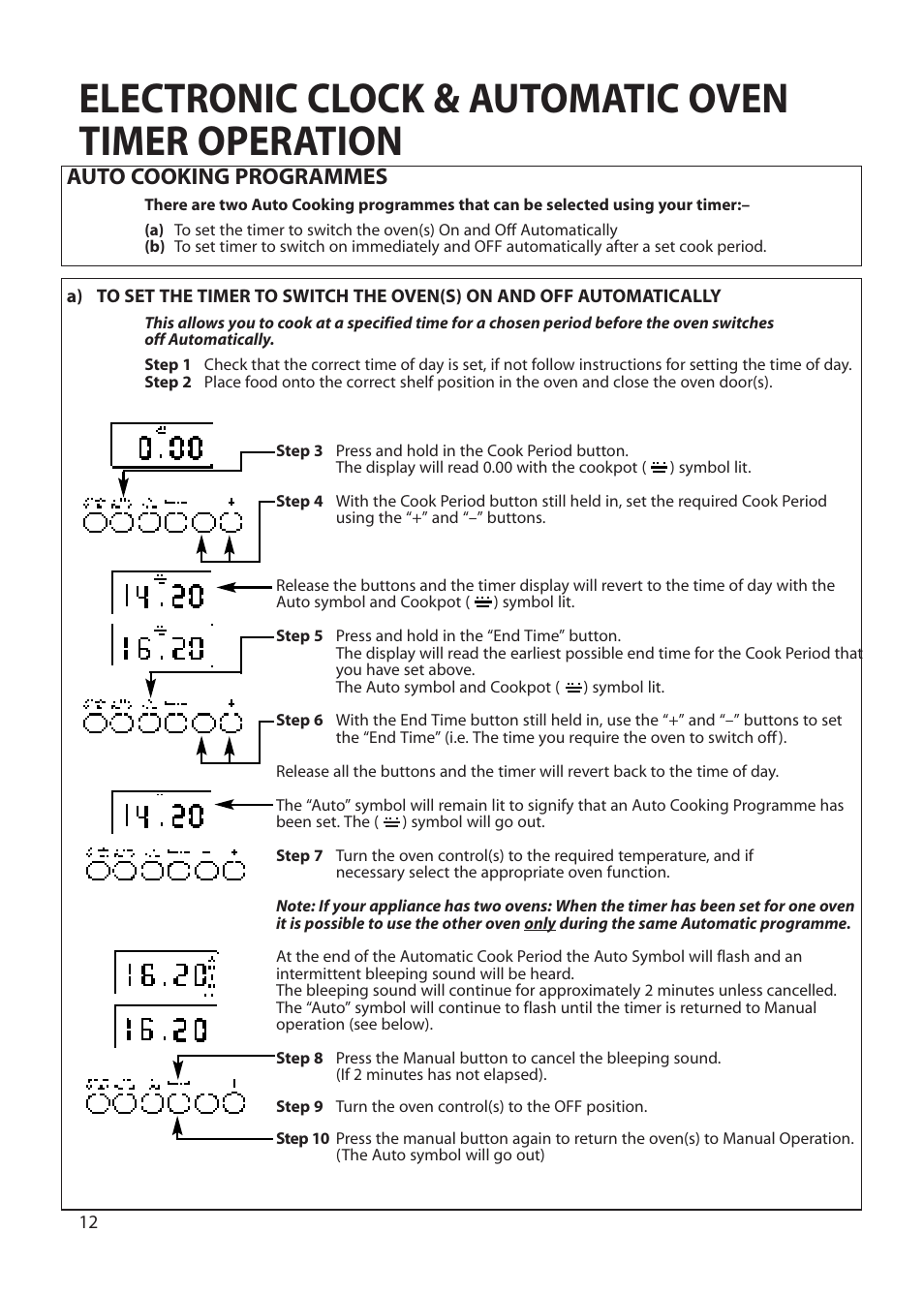 Electronic clock & automatic oven timer operation, Auto cooking programmes | Creda Double Oven User Manual | Page 12 / 36