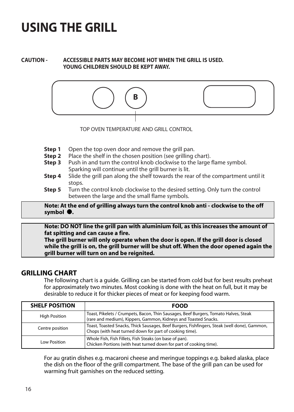 Using the grill, Grilling chart | Creda Double Oven User Manual | Page 16 / 36