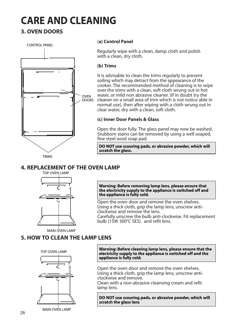 Care and cleaning, Oven doors, Replacement of the oven lamp | How to clean the lamp lens | Creda Double Oven User Manual | Page 26 / 36