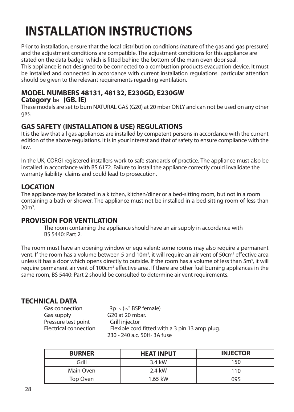 Installation instructions, Gb. ie), Gas safety (installation & use) regulations | Location, Provision for ventilation, Technical data | Creda Double Oven User Manual | Page 28 / 36