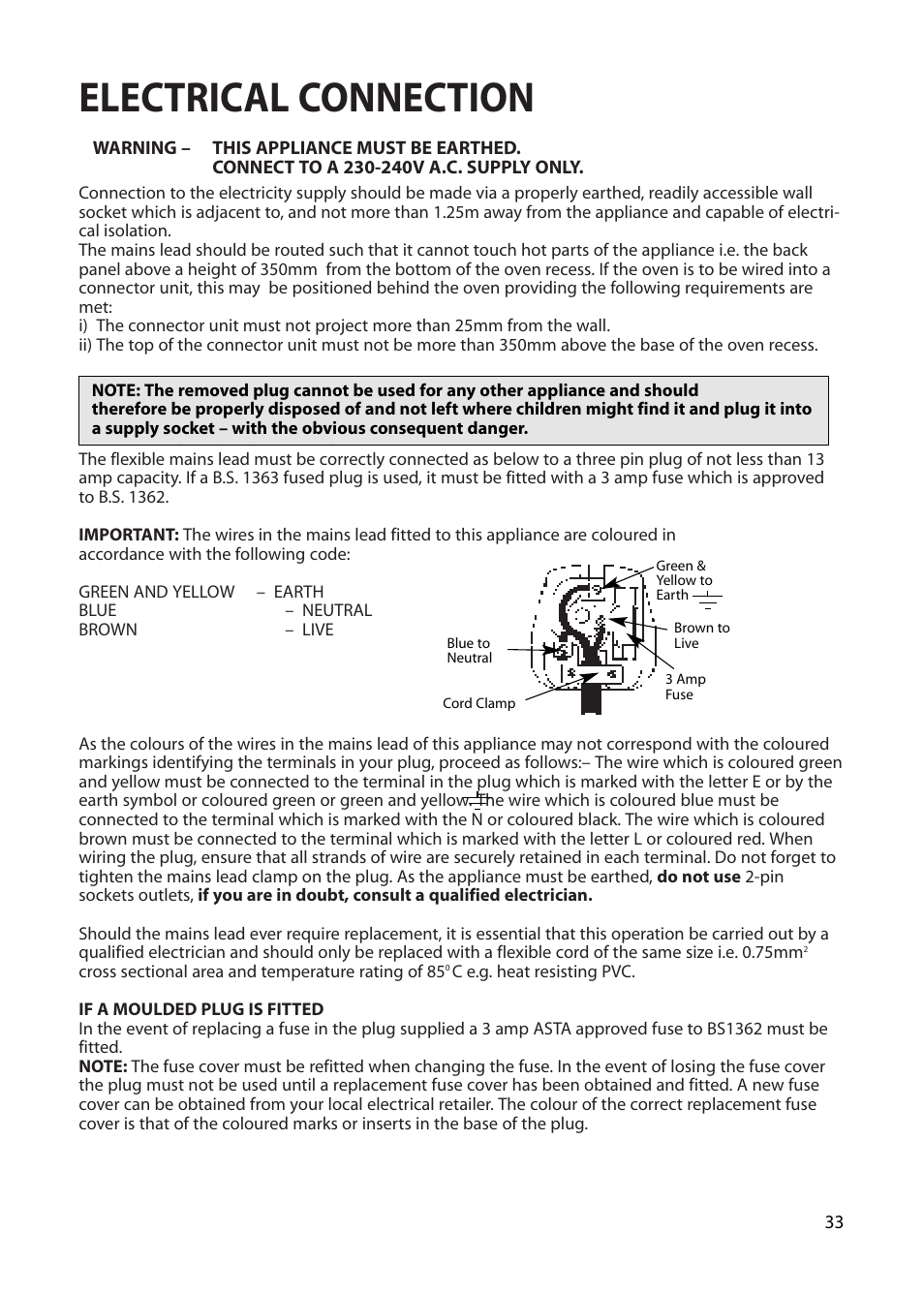 Electrical connection | Creda Double Oven User Manual | Page 33 / 36