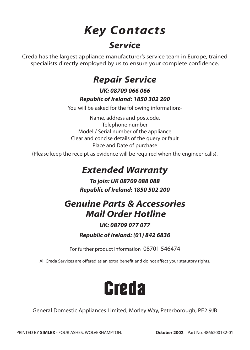 Key contacts, Service, Repair service | Extended warranty, Genuine parts & accessories mail order hotline | Creda Double Oven User Manual | Page 36 / 36