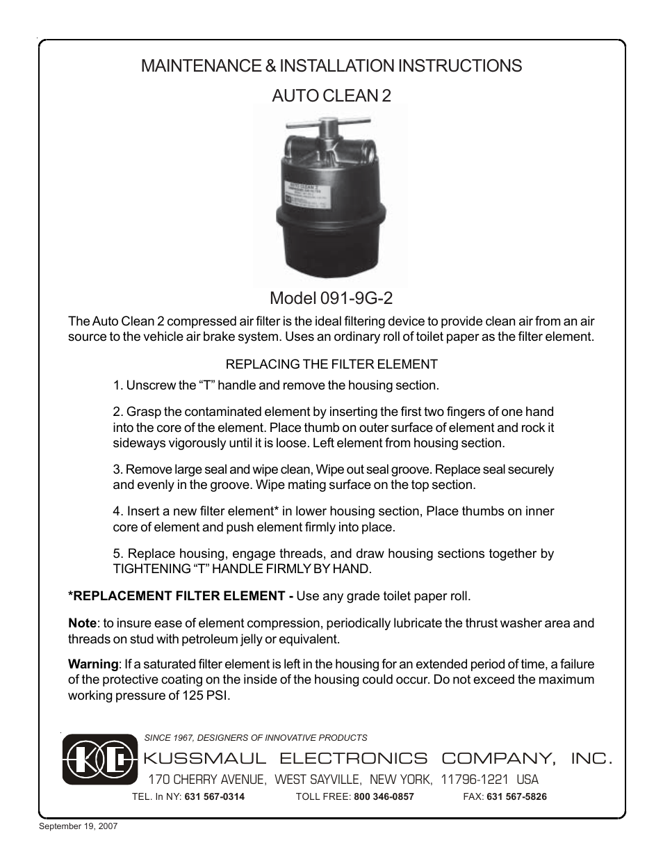 Kussmaul Electronics 091-9G-2 User Manual | 1 page