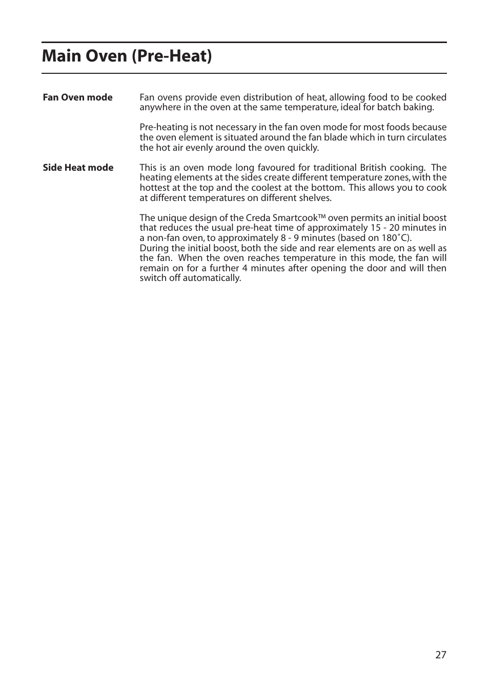 Main oven (pre-heat) | Creda C561E/R561E User Manual | Page 27 / 48