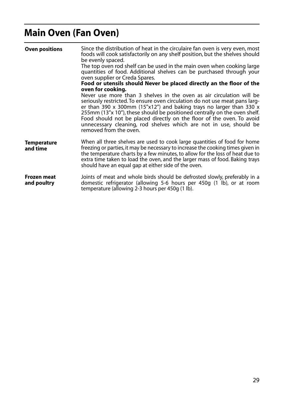 Main oven (fan oven) | Creda C561E/R561E User Manual | Page 29 / 48