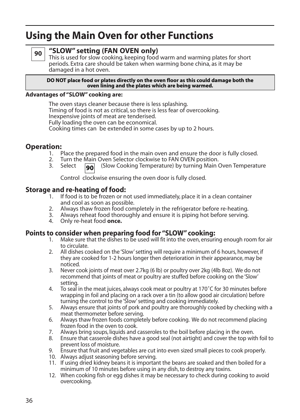 Using the main oven for other functions | Creda C561E/R561E User Manual | Page 36 / 48