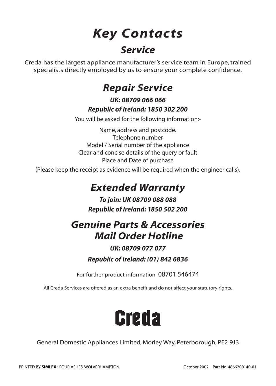 Key contacts, Service, Repair service | Extended warranty, Genuine parts & accessories mail order hotline | Creda C561E/R561E User Manual | Page 48 / 48