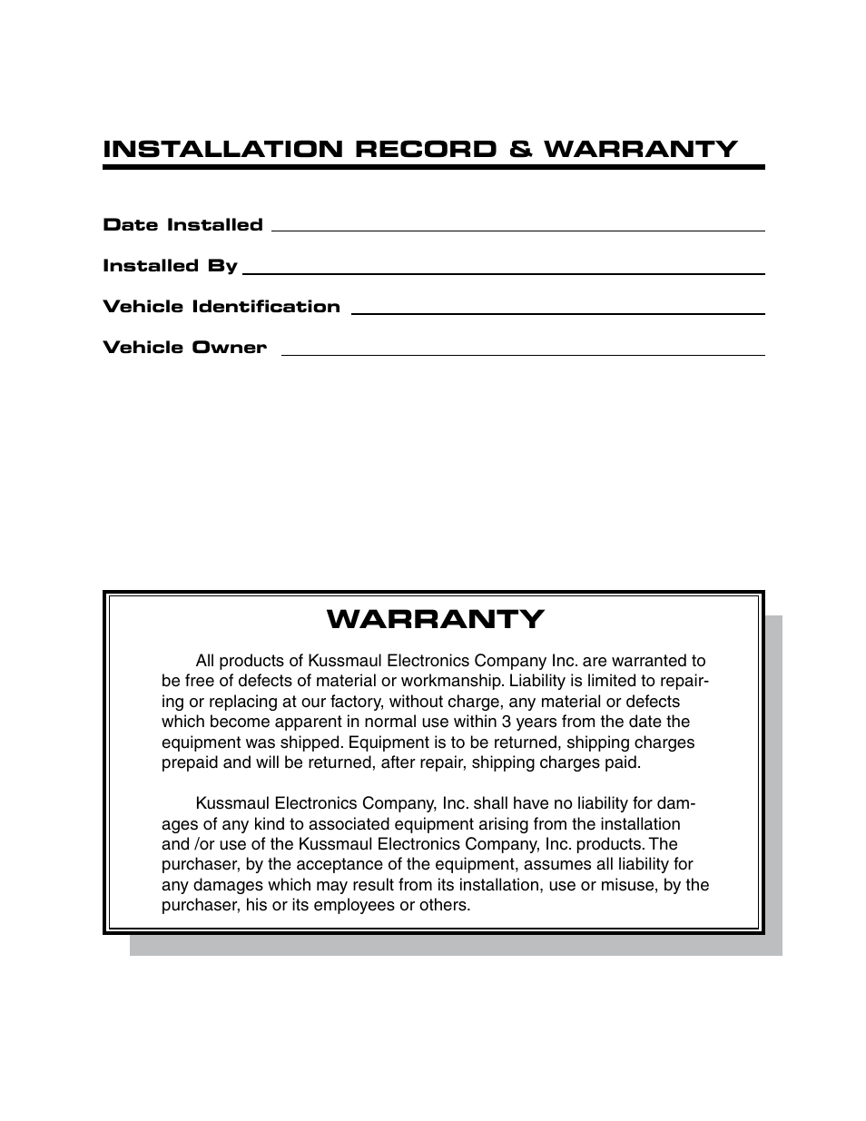 Warranty, Installation record & warranty | Kussmaul Electronics 091-9-1000 User Manual | Page 8 / 8