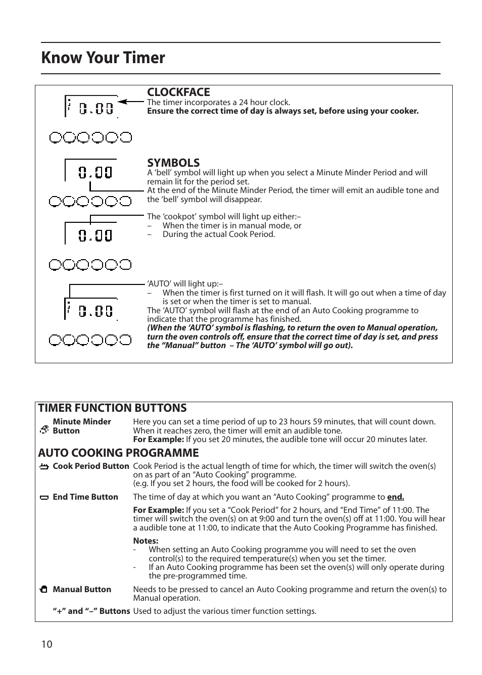 Know your timer, Clockface, Symbols | Timer function buttons auto cooking programme | Creda S130E User Manual | Page 10 / 40