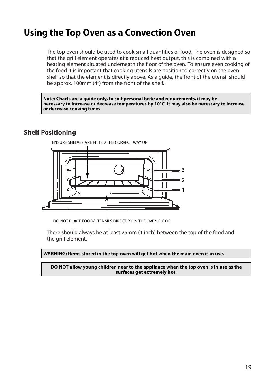 Using the top oven as a convection oven, Shelf positioning | Creda S130E User Manual | Page 19 / 40