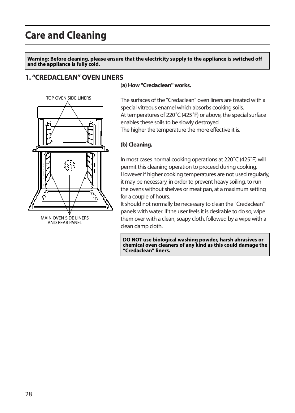 Care and cleaning, “credaclean” oven liners | Creda S130E User Manual | Page 28 / 40