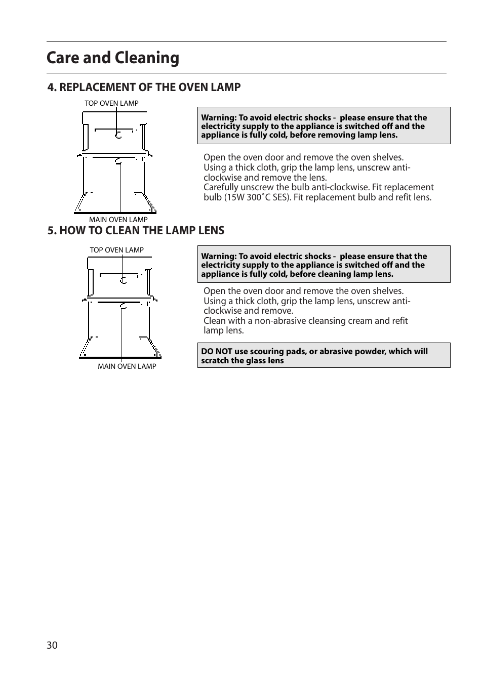 Care and cleaning, Replacement of the oven lamp, How to clean the lamp lens | Creda S130E User Manual | Page 30 / 40