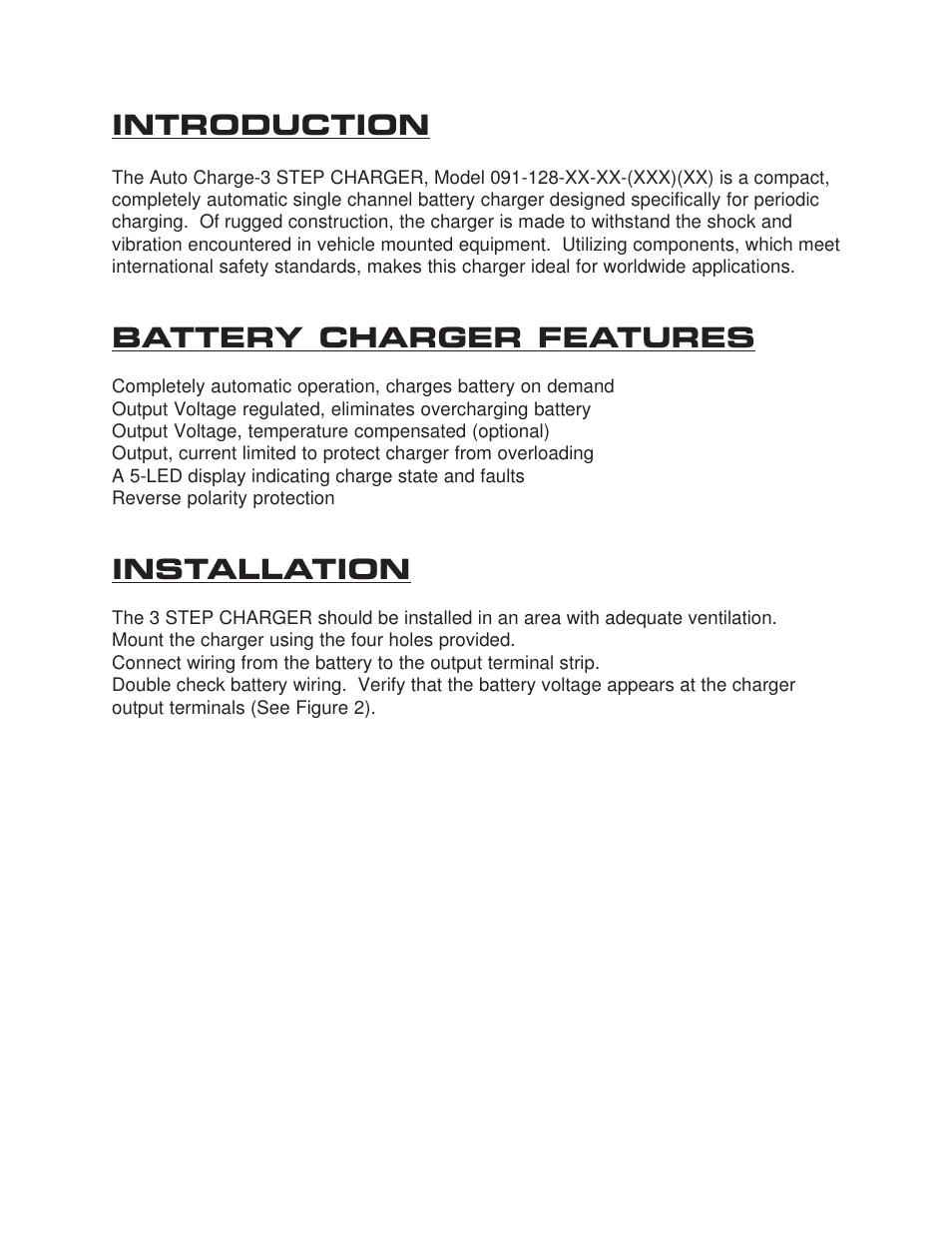 Introduction, Battery charger features, Installation | Kussmaul Electronics 091-128-12-40 User Manual | Page 2 / 8