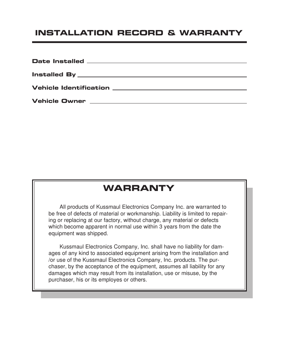 Warranty, Installation record & warranty | Kussmaul Electronics 091-128-12-40 User Manual | Page 8 / 8