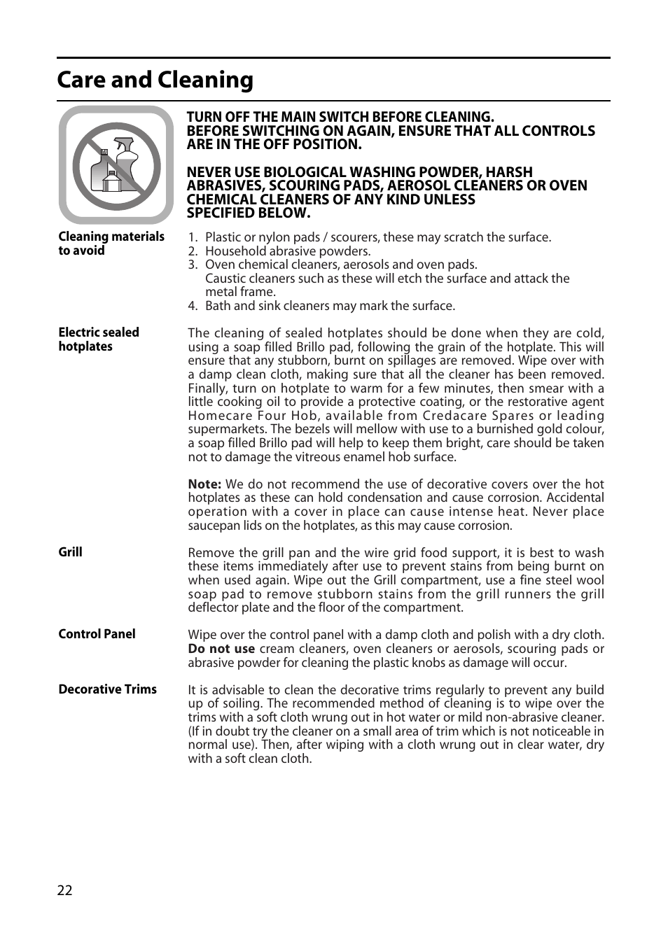 Care and cleaning | Creda X152E User Manual | Page 22 / 28