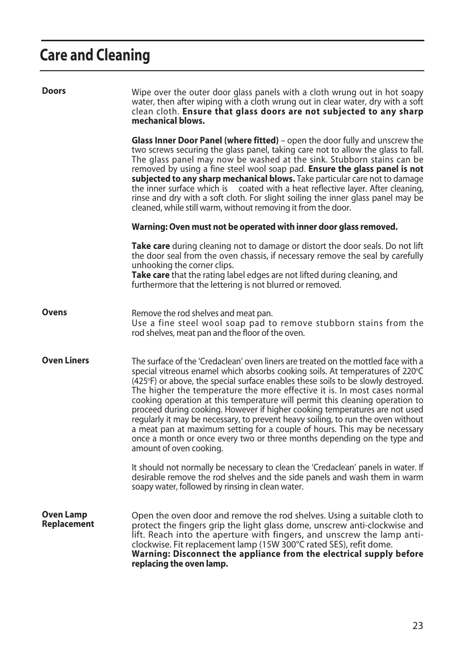 Care and cleaning | Creda X152E User Manual | Page 23 / 28