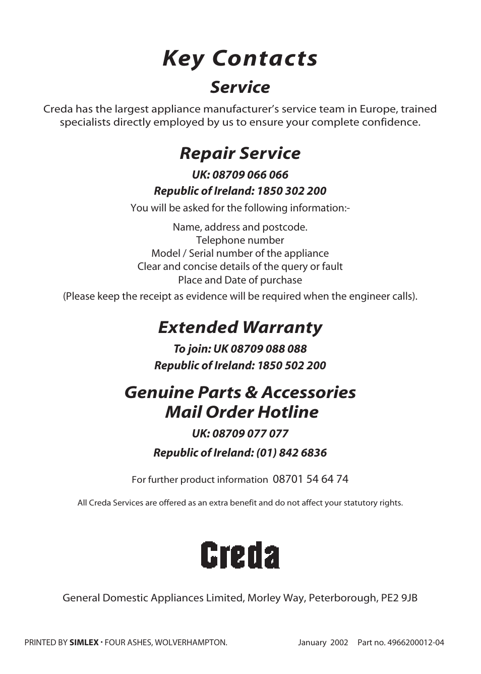 Key contacts, Service, Repair service | Extended warranty, Genuine parts & accessories mail order hotline | Creda X152E User Manual | Page 28 / 28